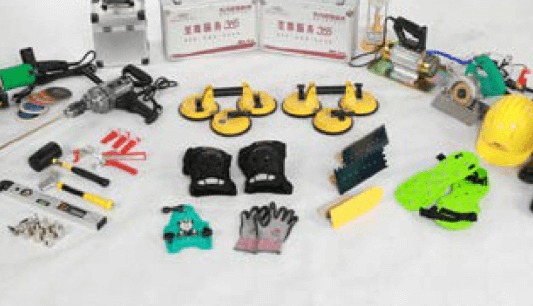 Prepare adhesive, brackets, suction cups, vibrator, electric mixer, cutting machine, perforator, empty buckets, laser level, spirit level, rubber mallet, notched trowel, grout float, leveling tool, cross locator, and other tools and materials.